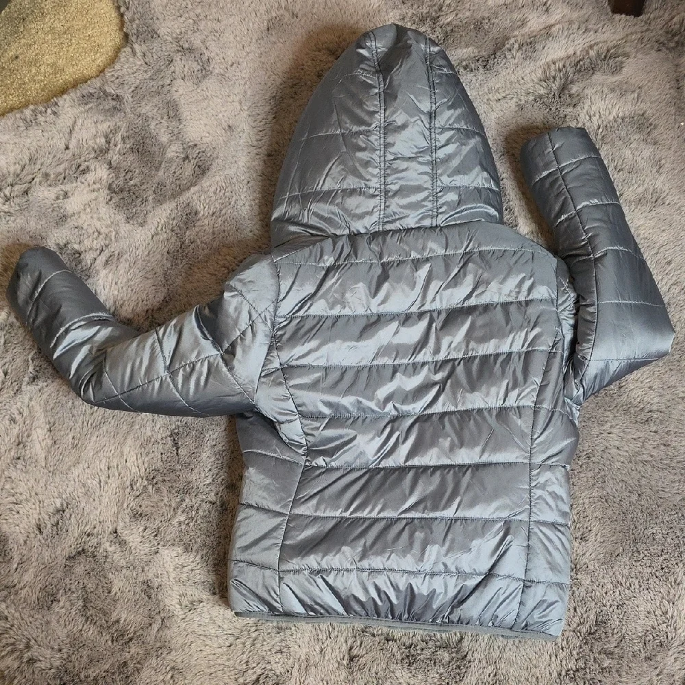 SAVE THE DUCK reversible Faux Fur Puffer Jacket hood- Grayish blue Laila - Picture 5 of 15